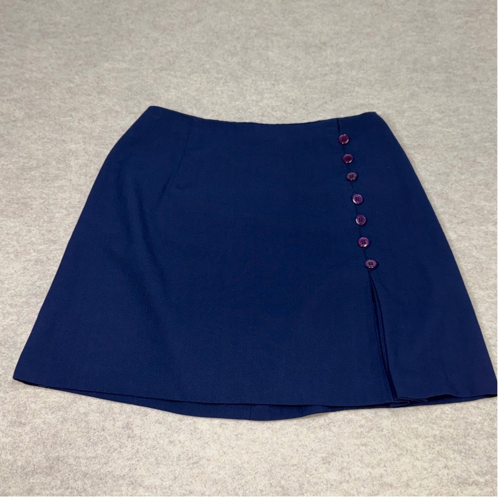 Michele Vintage Navy Blue Side Button Front Slit Mini Skirt Size 12 90s Academia